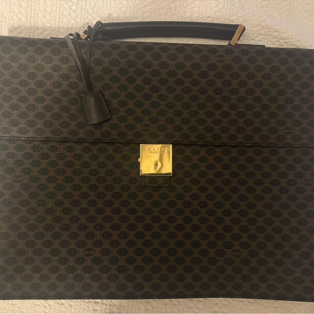 Celine Black and Brown Briefcase with Monogram Pattern